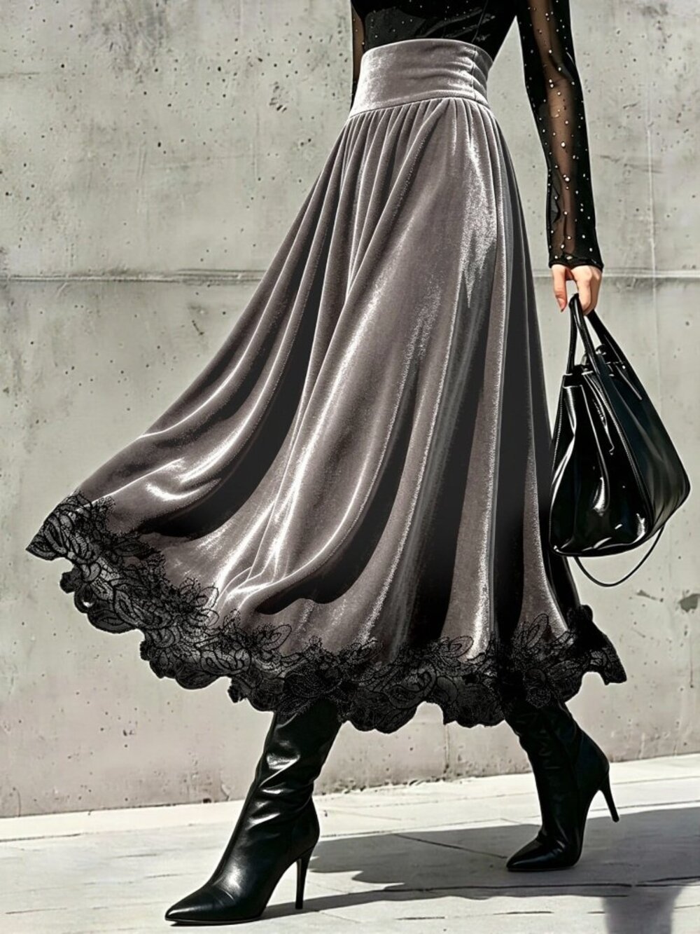 Mocha Brown Elegant Women's Velvet Flared Long Skirt